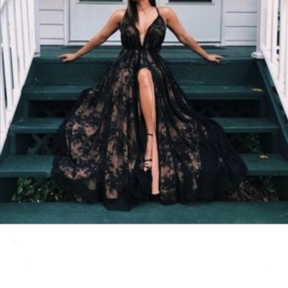 Michael Costello Black Lace Maxi Dress with High Slit - Picture 6 of 7